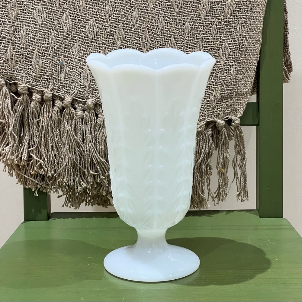 Vintage E.O. Brody M5200 Milk Glass Pedestal Vase with Scalloped Rim